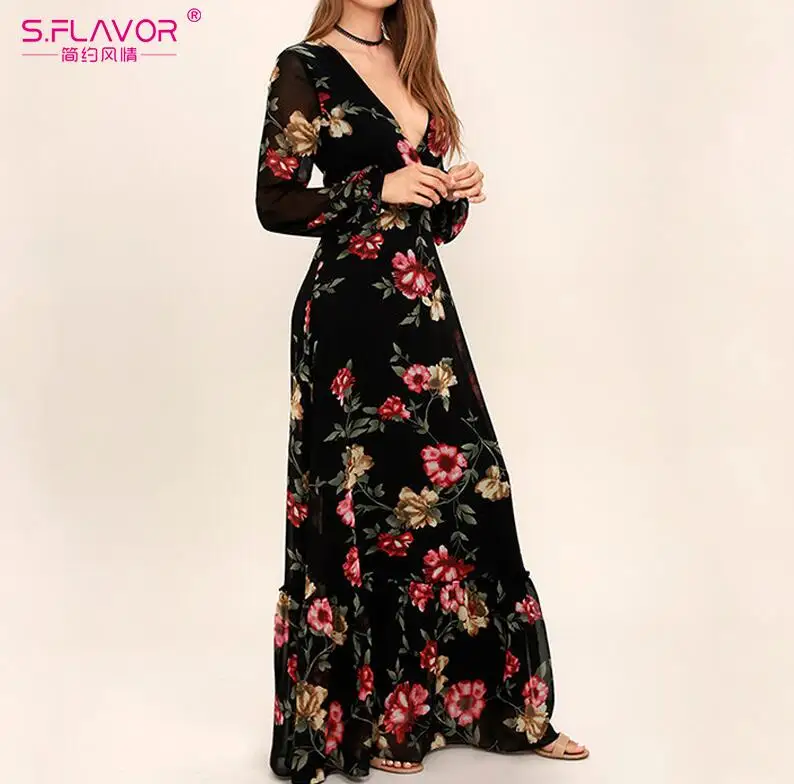 Женское богемное пляжное платье S.FLAVOR, длинное платье с цветочным принтом, элегантное повседневное платье с длинным рукавом и V-образным вырезом для весны и лета - Цвет: black