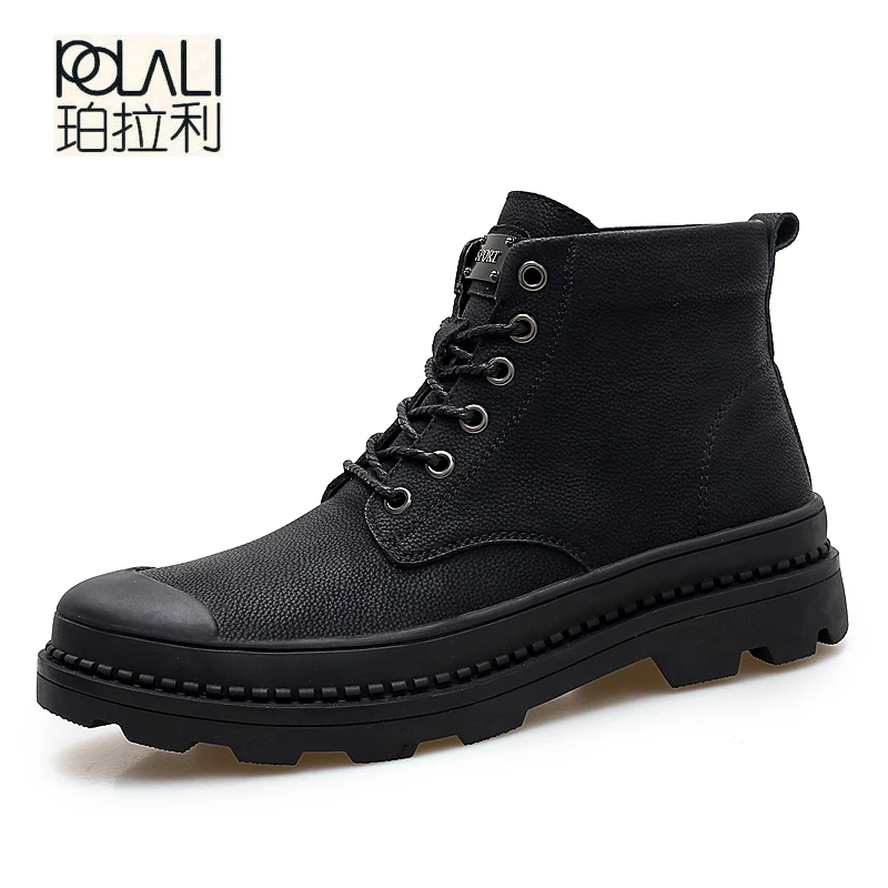 1218black POLALI/зимние кожаные мужские ботинки; повседневные ботинки для работы; Мужская зимняя обувь; мужские зимние кожаные ботильоны на резиновой подошве; размеры 38-47 - Цвет: 1218black