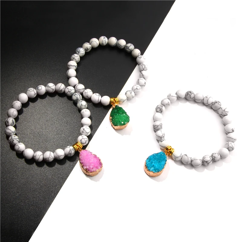 Druzy Agates Pendant Bracelets Women Natural 8 mm Smooth White Turquoises Beads Bracelets For Girls Friendship Bracelet Jewelry
