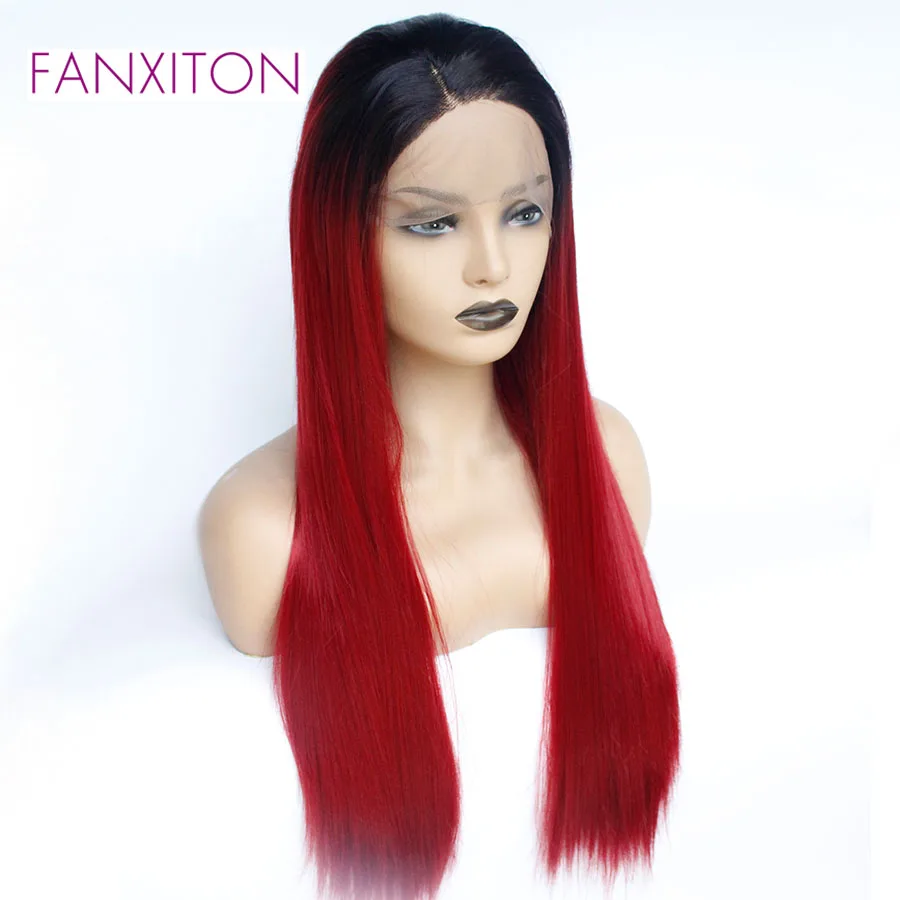 FANXITON Red Wigs Synthetic Lace Front For Black Women Straight Long Cosplay Ombre Glueless Hair | Шиньоны и парики