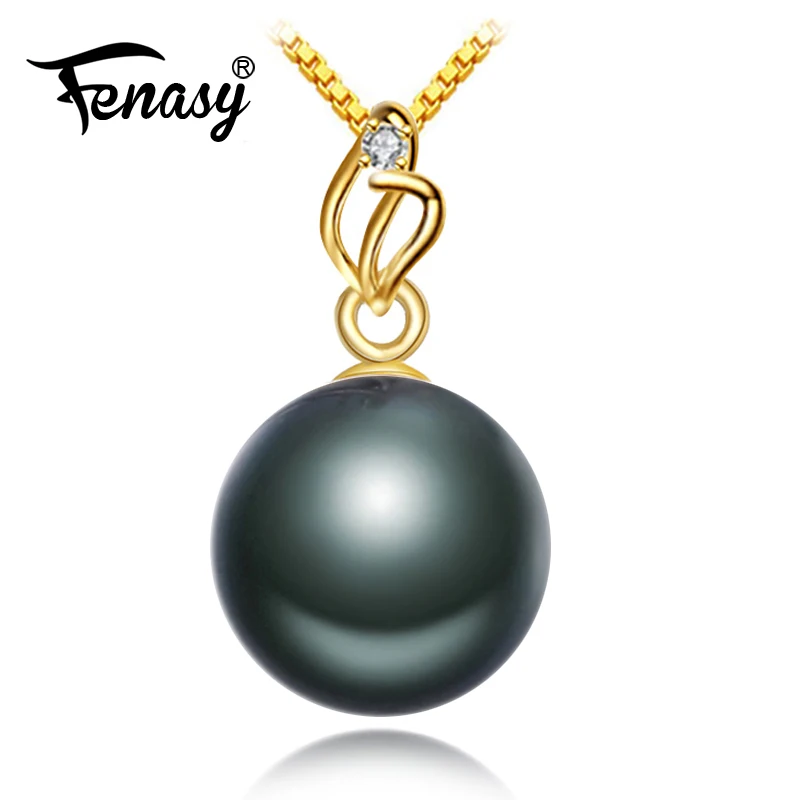 

FENASY 18K Gold Pendant Big Round Tahitian Black Pearl Elegant Evening Dinner Party Wedding Jewelry Send With Silver Necklace