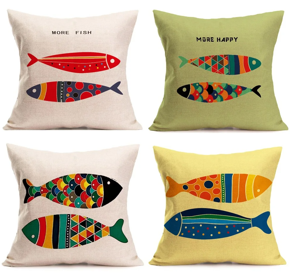 Modern Living Room Fashion Cartoon Fish Cushion Cover 45x45cm Sofa Car Waist Pillow Flax Home Office Decor Pillowcase | Дом и сад