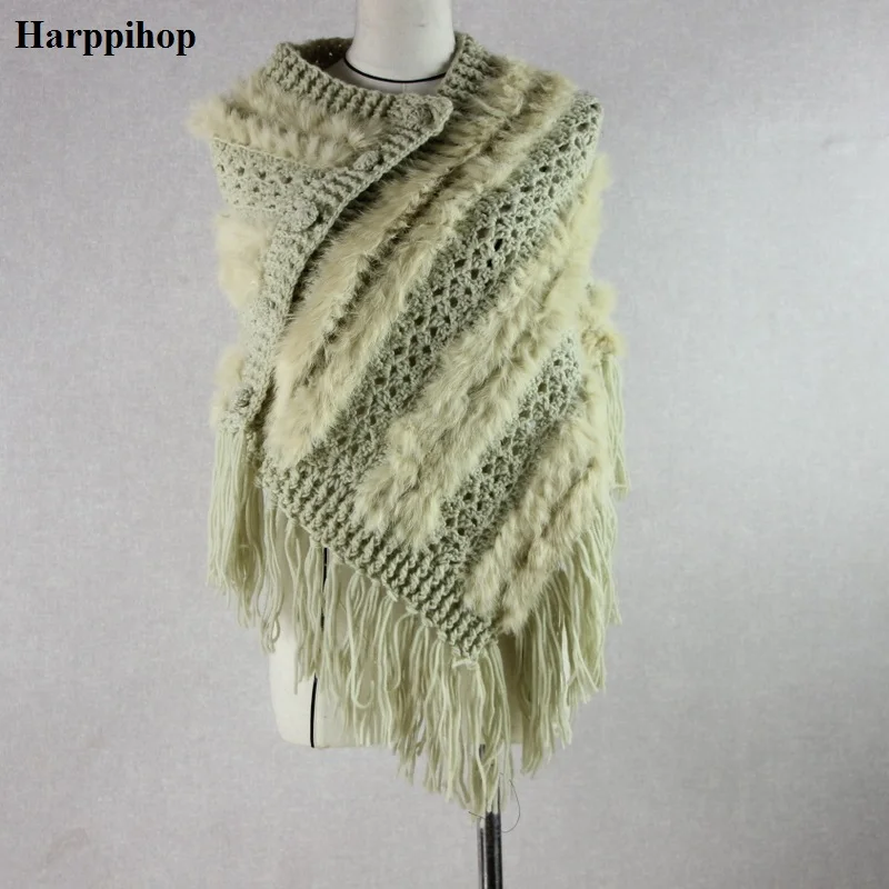 3 Harppihop, настоящий мех,, настоящий вязаный кроличий мех, шаль, Модный женский мех кролика, меховое пончо, пальто с кисточками - Цвет: 3