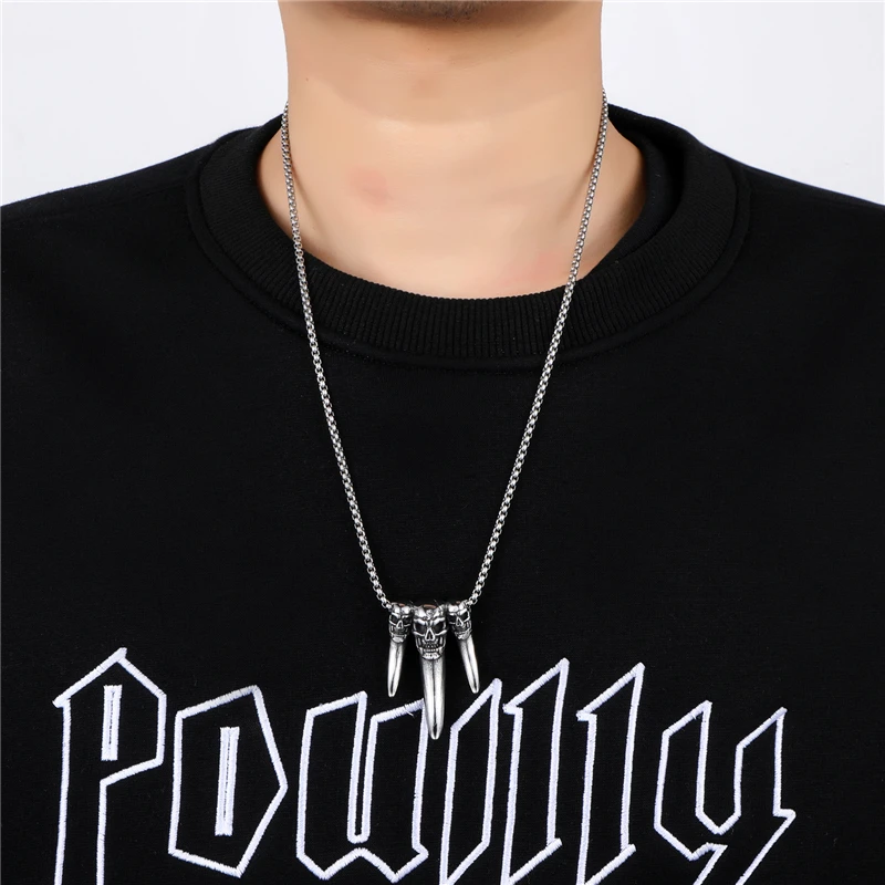 US7 Vintage Punk Skull Pendants Men Stainless Steel Teeth Necklaces Casting Gothic Rock Necklace for Viking Jewelry Gift | Украшения и