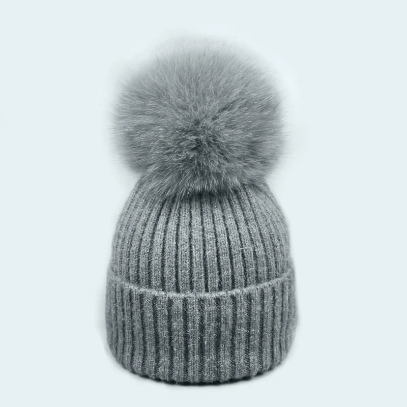 Hat Dark Gray Женский зимний шарф шапка наборы Skullies толстый теплый лисий мех помпон шапка и шарф Вязаные Лыжные шапочки gorro для взрослых и детские шапочки - Color: Hat Dark Gray