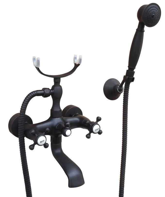 Черный латунный кран с двойными перекрестными ручками настенный кран-Лапка для