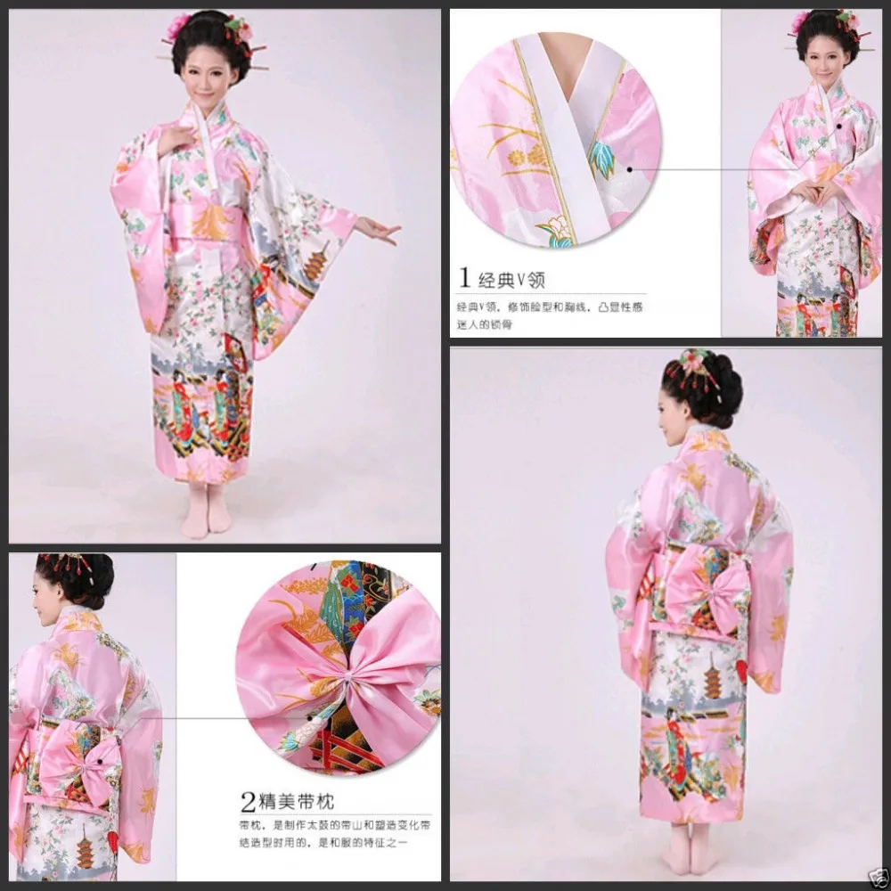 Розовый японский винтажный костюм кимоно с изображением гейши юката платье