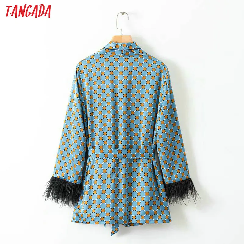 Tangada кимоно с перьями женское мятный жакет поясом кардиган голубой шелковое