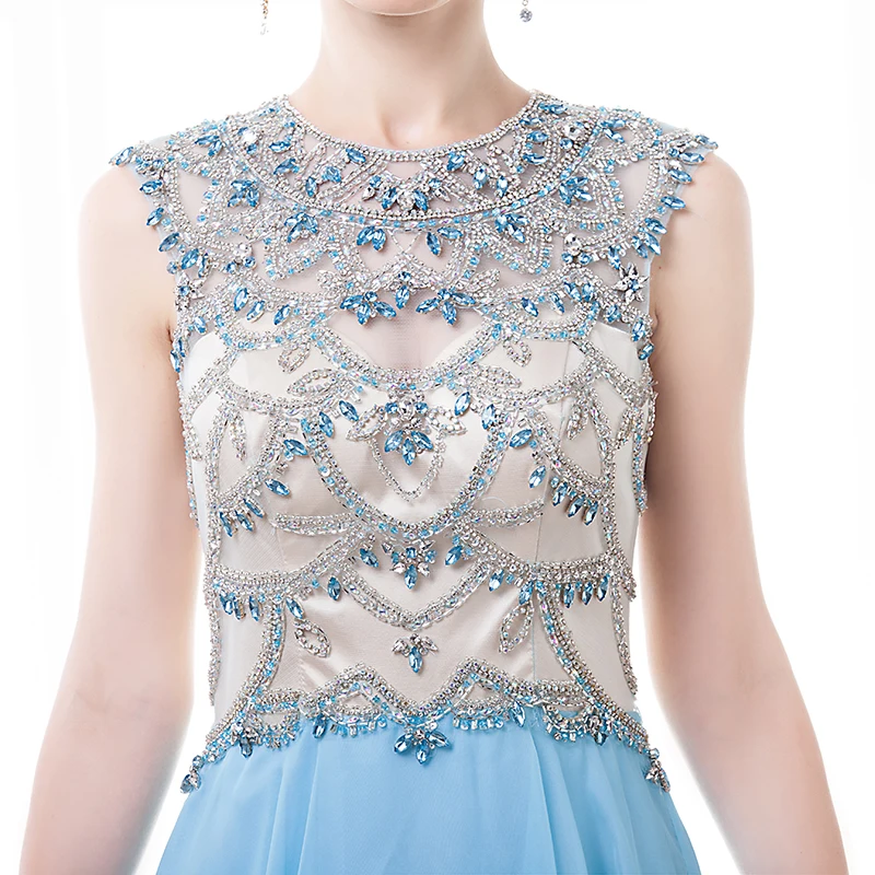 JaneVini Elegant Light Sky Blue Long Bridesmaid Dresses A Line Luxury Crystals Beaded Backless Tulle Women Prom Gowns Plus Size | Свадьбы и