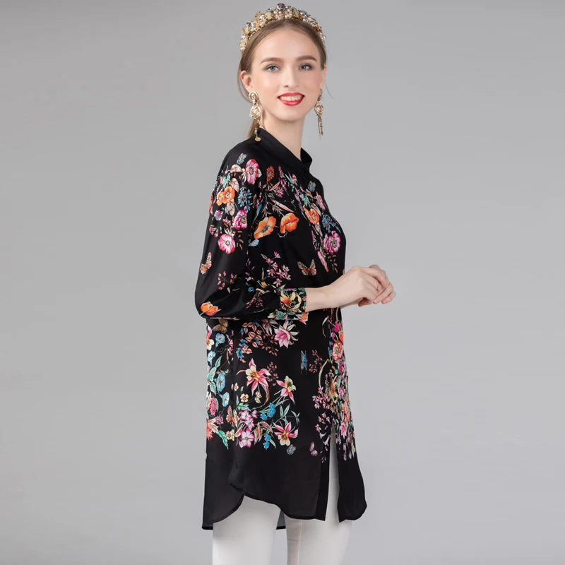 Большие Размеры M XXXL длинные женские рубашки 2019 Весна черный с цветочным принтом