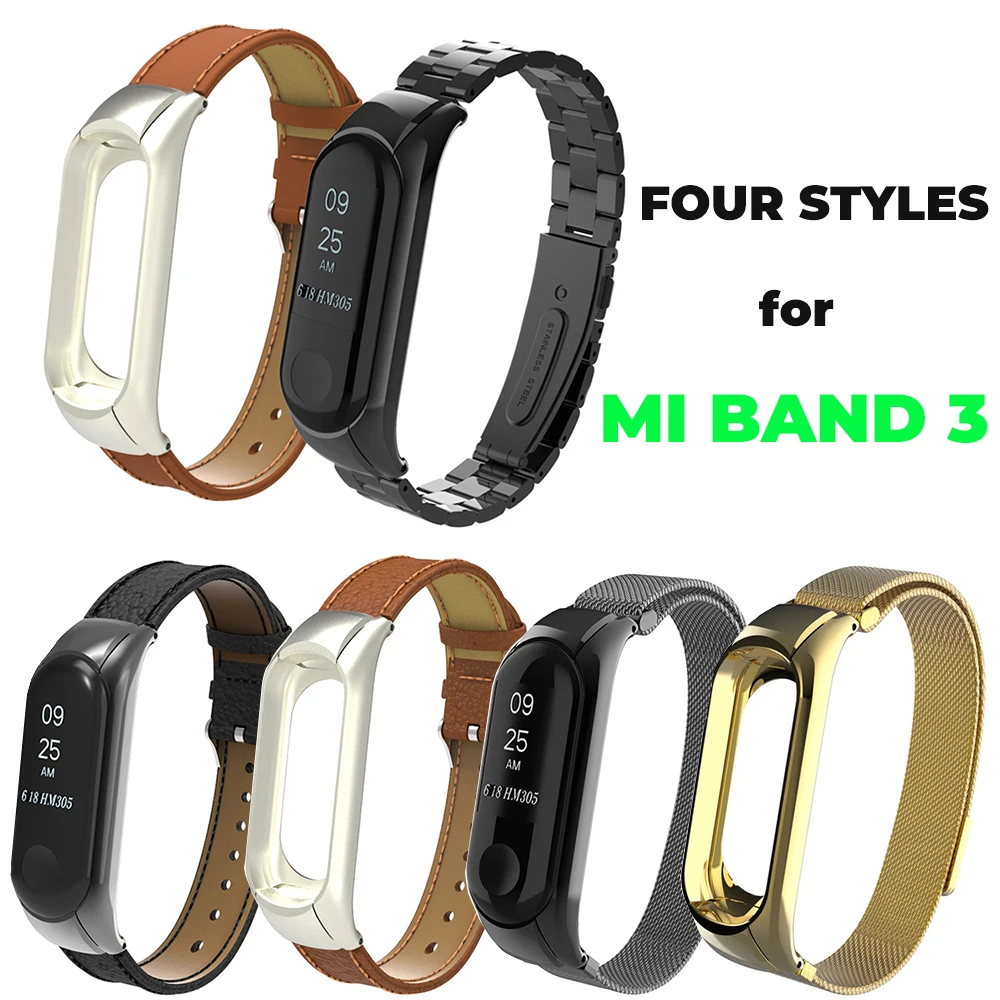 Браслет для Xiaomi Mi Band 3 Безвинтовой ремешок кожаный из Миланского металла браслет