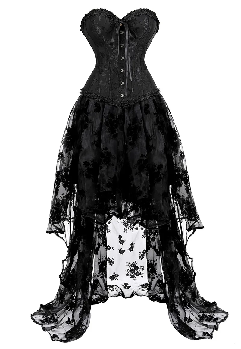 819 7020black Корсет платья высокая и низкая юбка Тюль Длинный Кружевной Корсет Бюстье Плюс размер готический маскарадный костюм korsett Сексуальный Черный 6xl - Цвет: 819 7020black