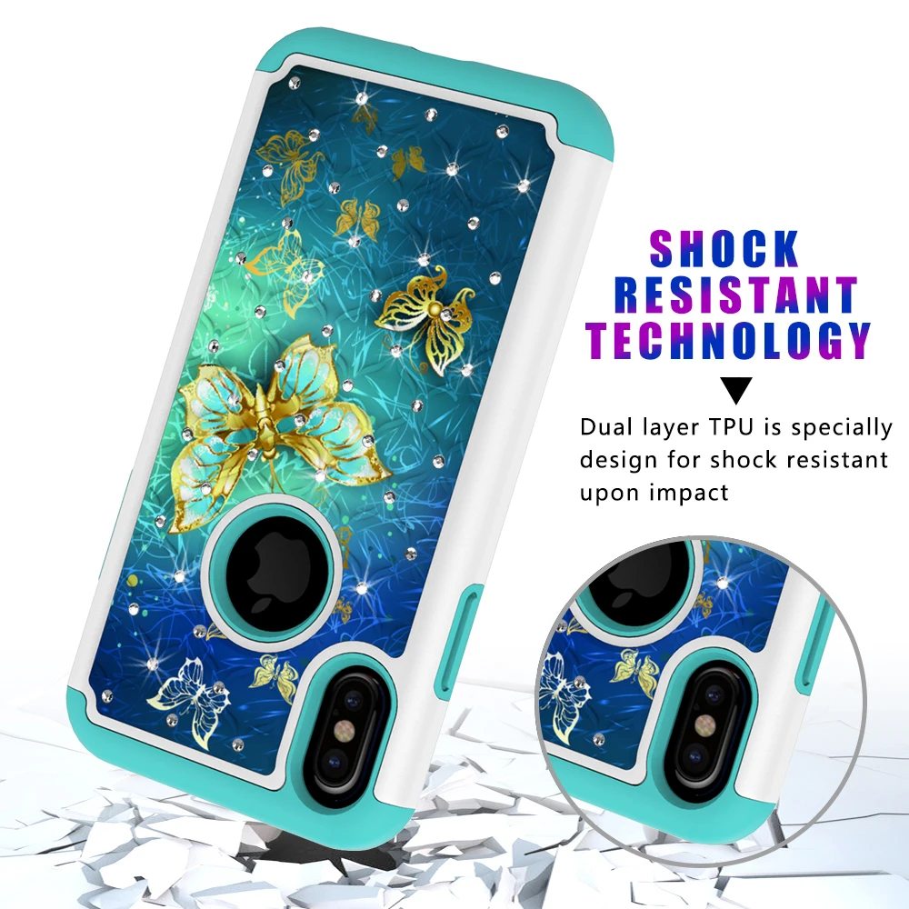 Роскошные Чехлы для iPhone X 6 7 8 Plus 6splus XS XR Max с принтом в виде сверкающих бабочек единорога цветов 2 в 1 шт+ силиконовый чехол