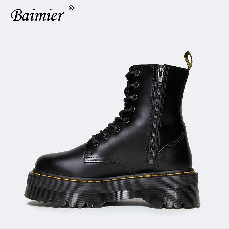 Baimier Black Patent Leather Ankle Boots For Women Lace Up Platform Boots Women Winter Warm Plush Women Boots Street Style Shoes