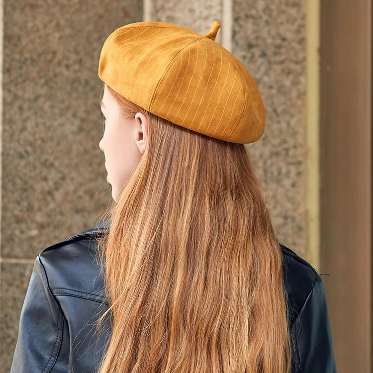 New Suede Striped Berets Women Vintage Artist Octagonal Hat Female Winter Painter Beret Caps | Аксессуары для одежды