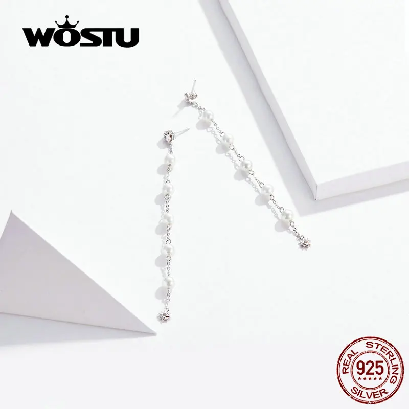 WOSTU Настоящее 925 Висячие серьги из серебра 925 пробы Горячая Мода Простой Жемчуг длинные кисточки изготовление сережек подарок для женщин CTE185