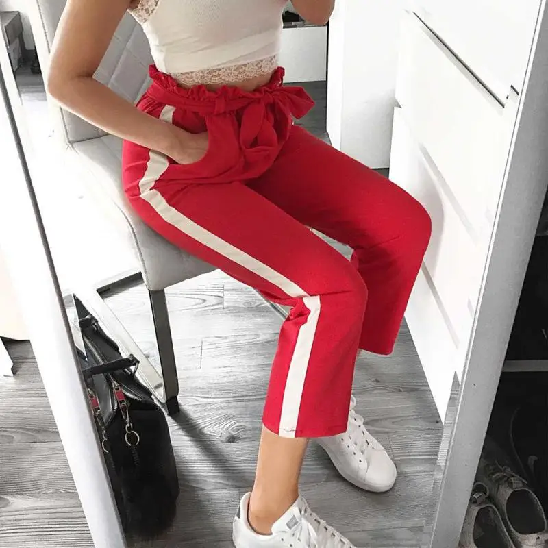 

Early Autumn Color-Blocking Stripe Bandage Women Ankle-Length Pants With Pocket Female Casual Streetwear Trouses Pants WS9710C