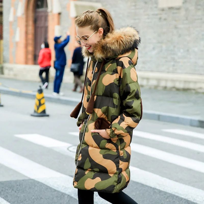 Winter British style good quality Camouflage real duck down coat female fur collar hooded long thicker warm wq717 | Женская одежда