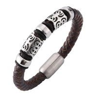mens trendy jewelry brown woven leather rock bracelet male stainless steel magnetic buckle punk bracelet men accessories sp0160