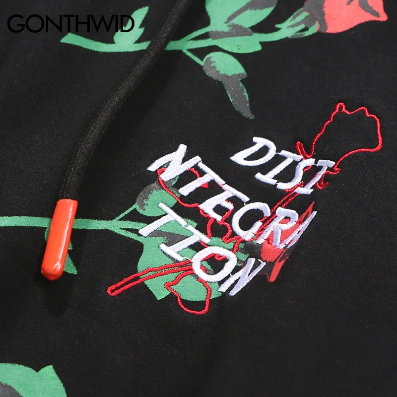 GONTHWID красная роза полный печатных вышивка худи с надписью мужские хип хоп