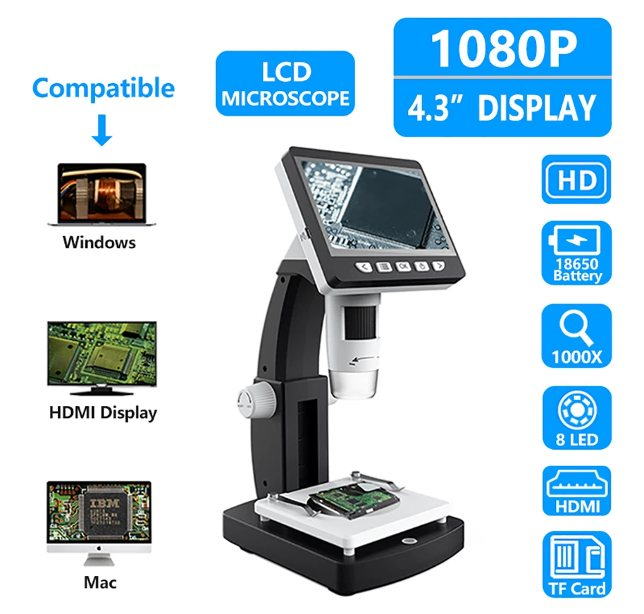 Prostormer 1000X4,3 дюймов HD 1080P портативный настольный ЖК-цифровой микроскоп 8 регулируемый светодиодный микроскоп с подставкой Microscopio