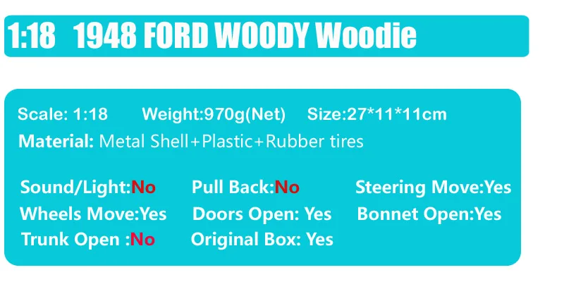 1/18 большой винтажный 1948 Ford woodie Woody Металлическая Модель доски для серфинга Ford супер де люкс Diecasts& Toy Vehicles весы автомобильные коллекционные