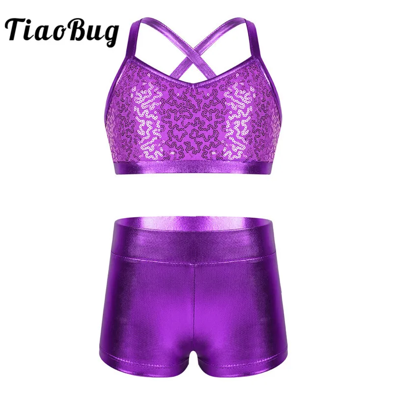 TiaoBug Kids Teens Shiny Sequins Tankini Girls Spaghetti Strap Ballet Leotard Gymnastics Shorts Crop Top Stage Dance Costume Set printed spaghetti strap blouson tankini with underwire