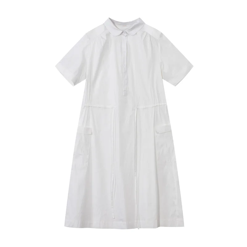 

BONJEAN large size literary solid color dress 2019 spring and summer new round neck waist draw casual cotton linen dress