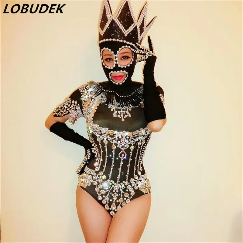 

Full Diamond Beads Bodysuit Crystals Leotard Jumpsuit Sexy Female Stage Wear Club Bar Masked-Singer Jazz Modern Dance Costume