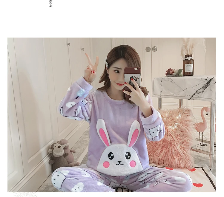 Женские милые пижамы, Осень-зима, фланелевые, Kawaii Rabbit, Корейская Пижама, Ночная одежда, ночное белье, nuisette femme de nuit, пижамы