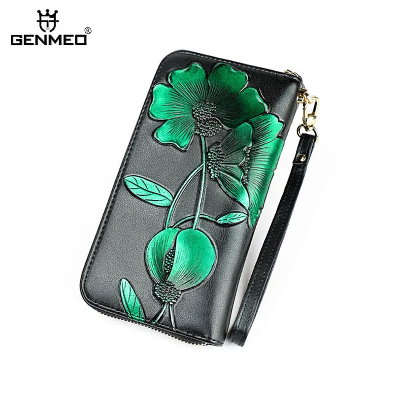 Genmeo Новое портмоне из натуральной кожи для женщин коровья кожа 3D цветок кошелек с