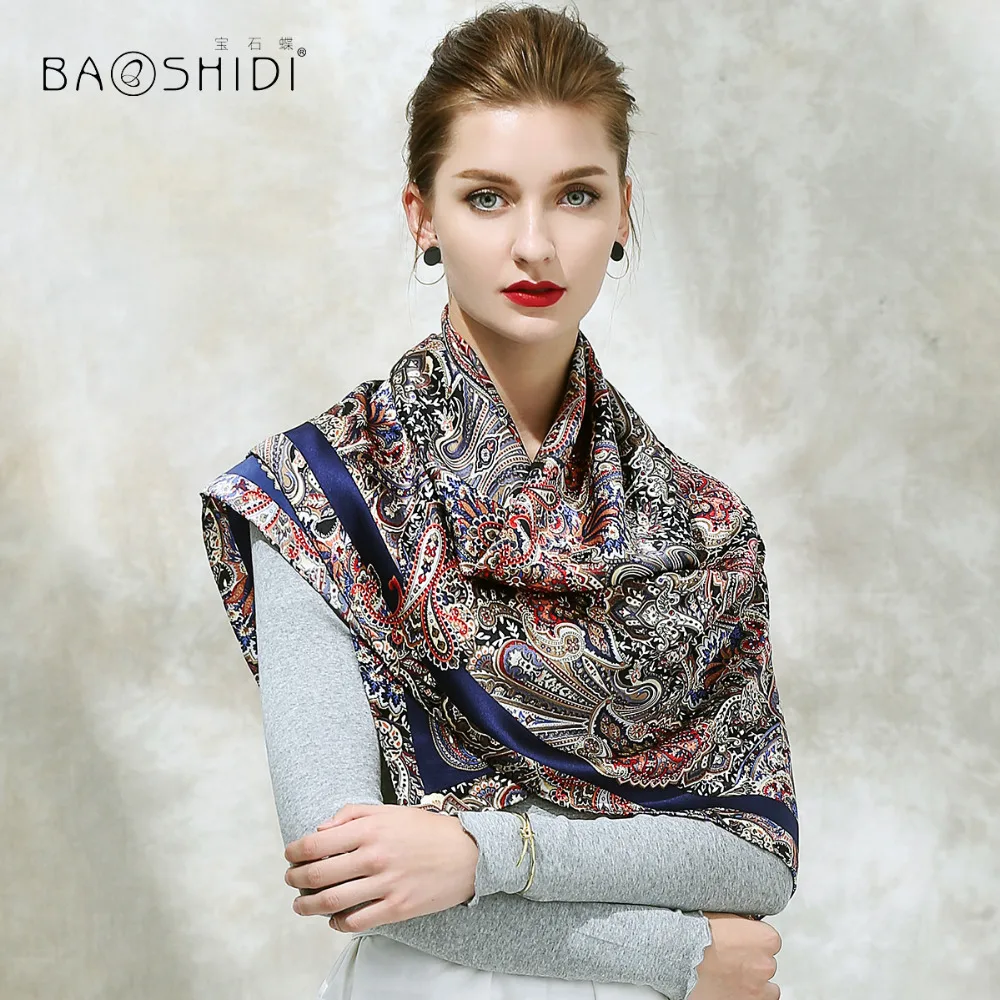

[BAOSHIDI]2017 Autumn New Arrival, 16m/m 100% silk satin scarf, 106*106 Square Scarves women,Paisley Pattern Design scarf shawl