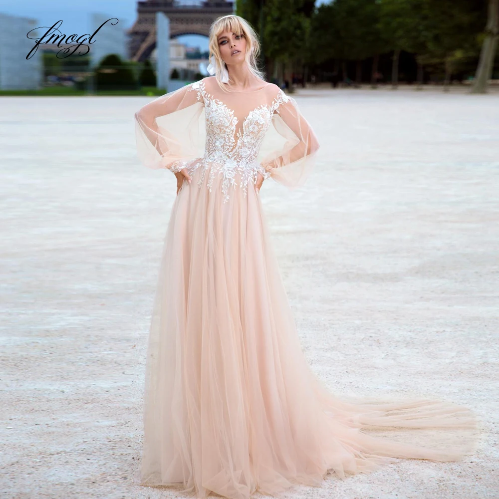 

Fmogl Sexy Illusion Long Puff Sleeve Beach Wedding Dresses 2020 Luxury Appliques Beaded Sweep Train Vintage Bridal Gowns