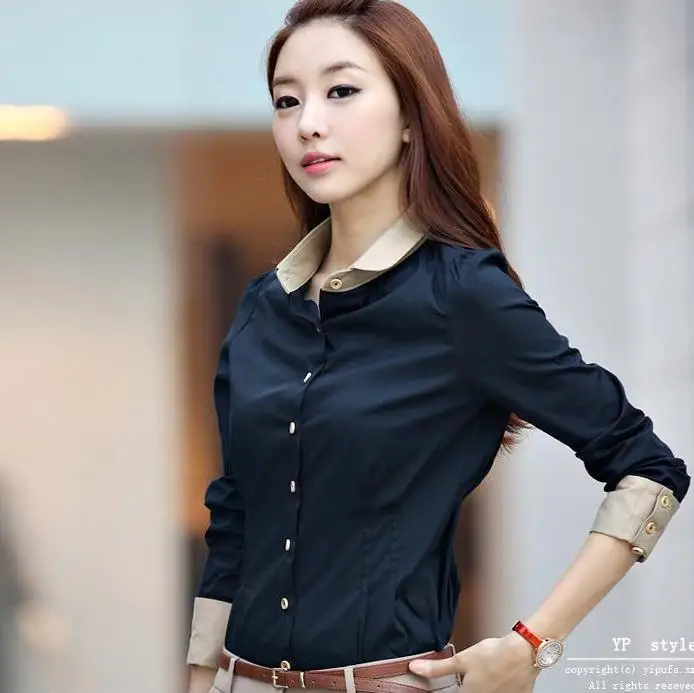 Женские деловые темно-синие блузки женские рубашки с длинным рукавом Дамская