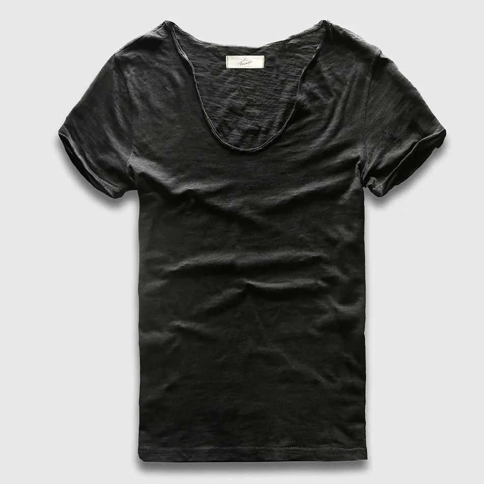 Мужчины Основные Футболки Твердые Хлопок V Шеи Slim Fit Мужской Моды Футболки С Коротким Рукавом Топ Тис Brand - Цвет: Black