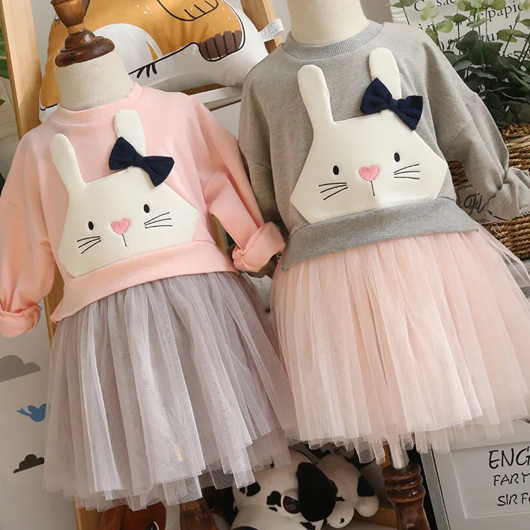Платье для девочек осень 2019 новое платье с рисунком кролика длинными рукавами