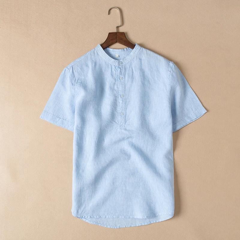 

New design light green 100% flax short sleeve shirt men brand solid stand collar shirt mens big chest size shirts male chemise