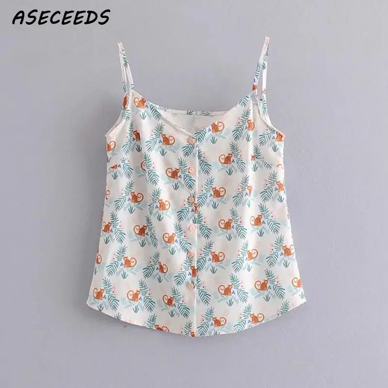 

2019 Sexy button v neck white tank top Women summer tops female Kawaii Monkey print sleeveless crop top Korean casual streetwear