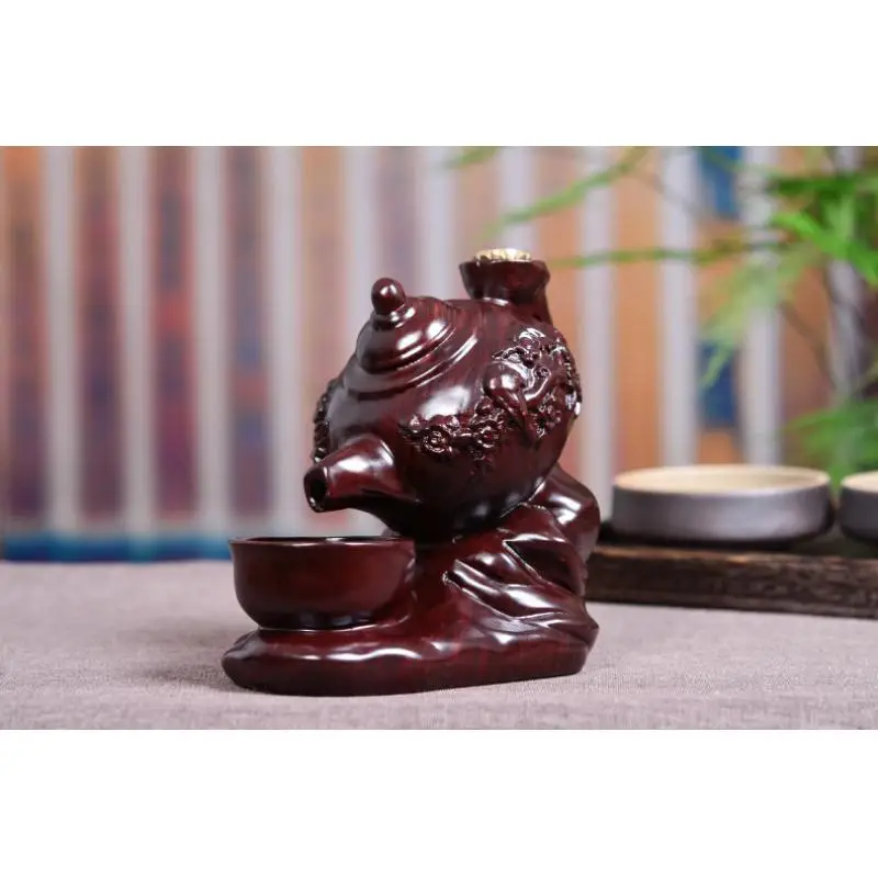 

Teapot Shape With Cup Backflow Incense Burner Padauk Carved Flower Smoke Waterfall Incense Holder Aromatherapy Home Yoga Decor