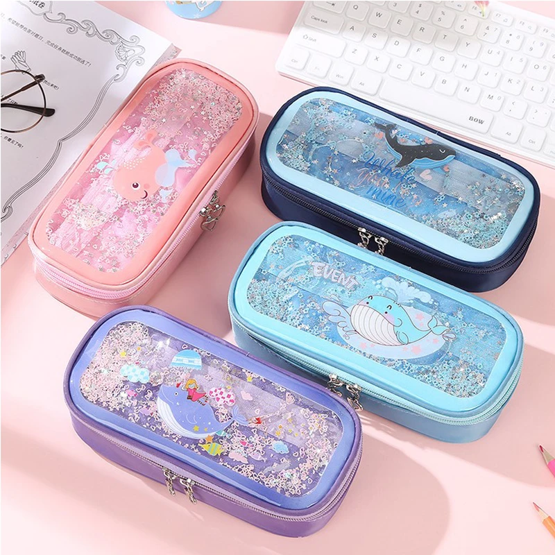 4 Colors Large Capacity Whale Pencil Case Double Zipper Cartoon Student Pencil Bag Gift Estuches School Pencil Box