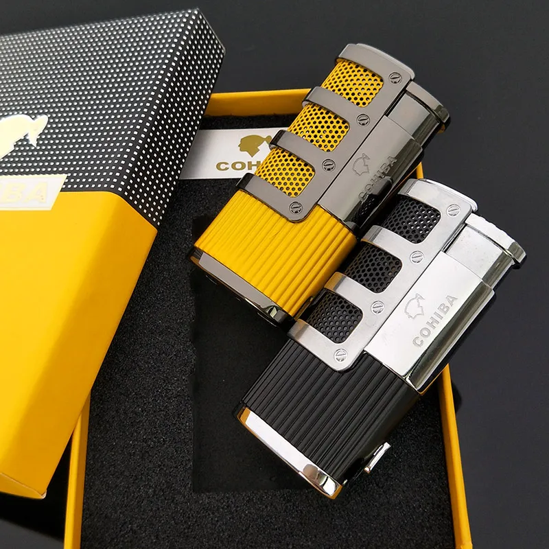COHIBA Gridding Stripes style Turbo Зажигалка карманная Бутановая газовая ветрозащитная Тройная