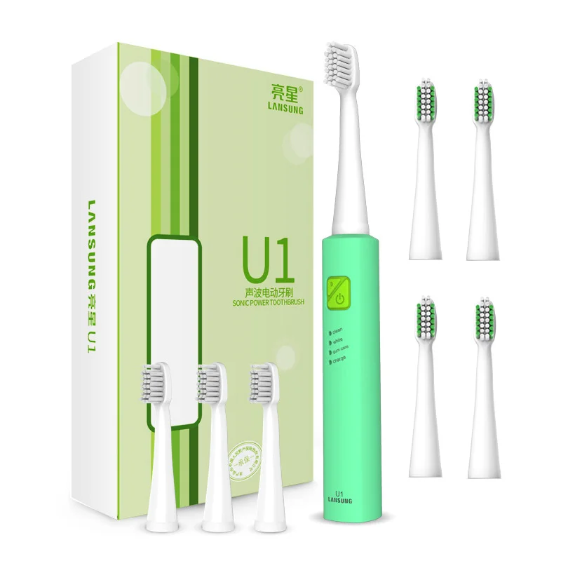 U1 all green 8head LANSUNG USB звуковая электрическая зубная щетка для взрослых ультра звуковая зубная щетка перезаряжаемая 4 головки для зубных щеток Замена отбеливание U1 - Цвет: U1 all green 8head