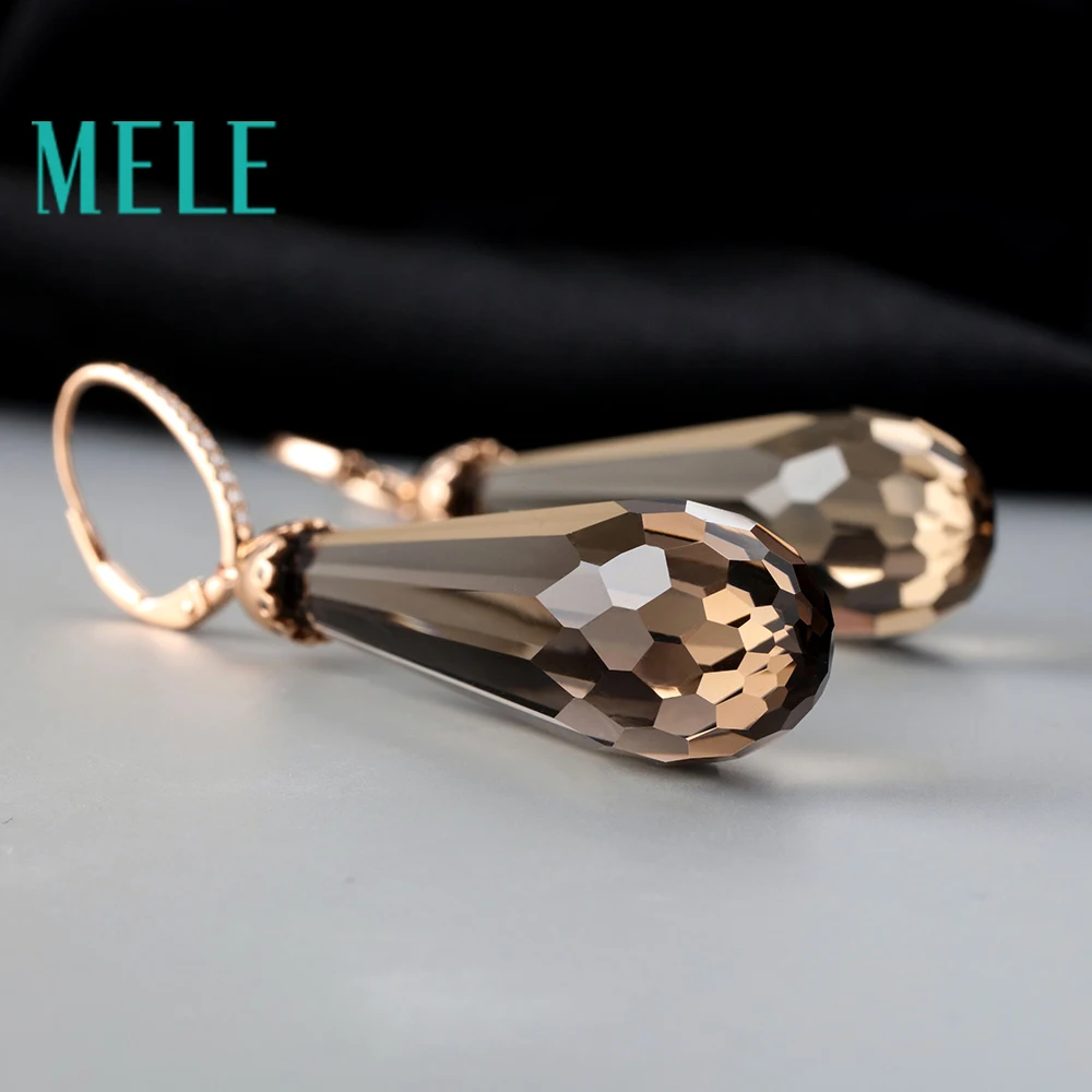 MELE 18K золотые висячие серьги с натуральным дымчатым кварцем для женщин, бриллиантовый боковой камень, новая мода, хорошее ювелирное изделие с высоким качеством