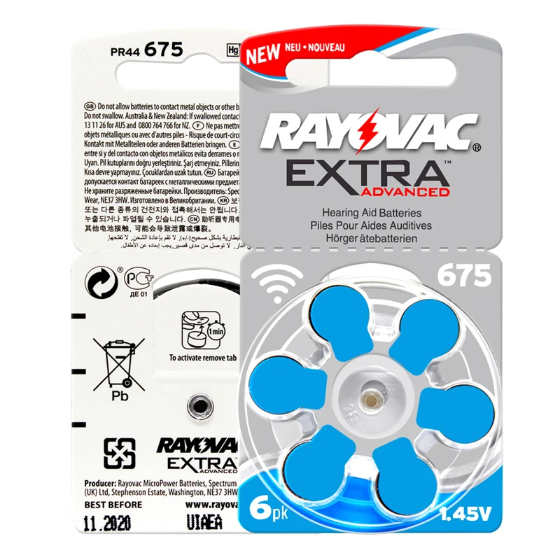 

60 PCS / 1 pack Rayovac Extra Hearing Aid Batteries Zinc Air 675A 675 A675 PR44 Cell Button Battery for Hearing Aids