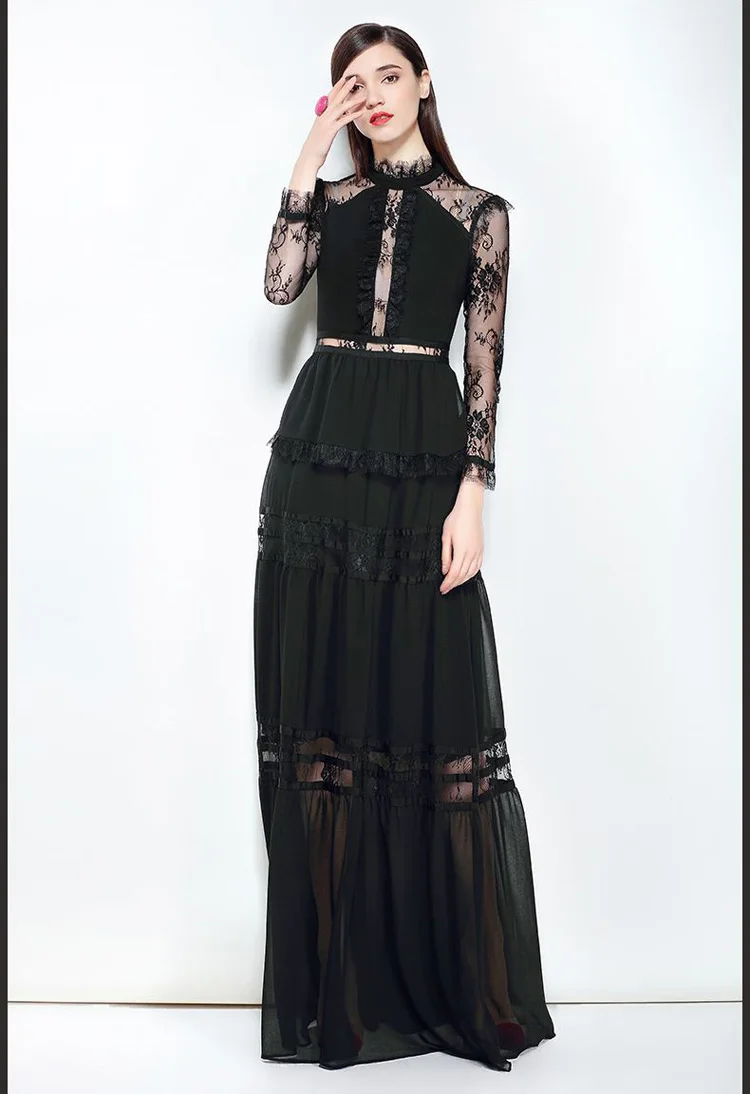 Женское кружевное платье макси с круглым вырезом и длинными рукавами | Женская