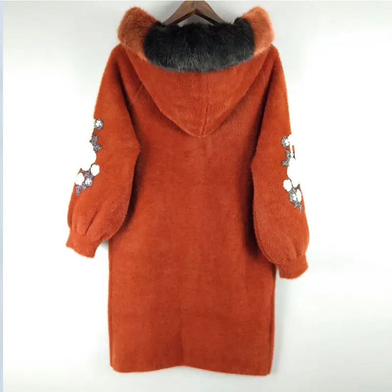 caramel Flower fur Модный толстый теплый вязаный кардиган из искусственной норки, пальто с капюшоном и вышивкой лебедя, Длинная женская куртка, осенне-зимняя ветровка - Цвет: caramel Flower fur