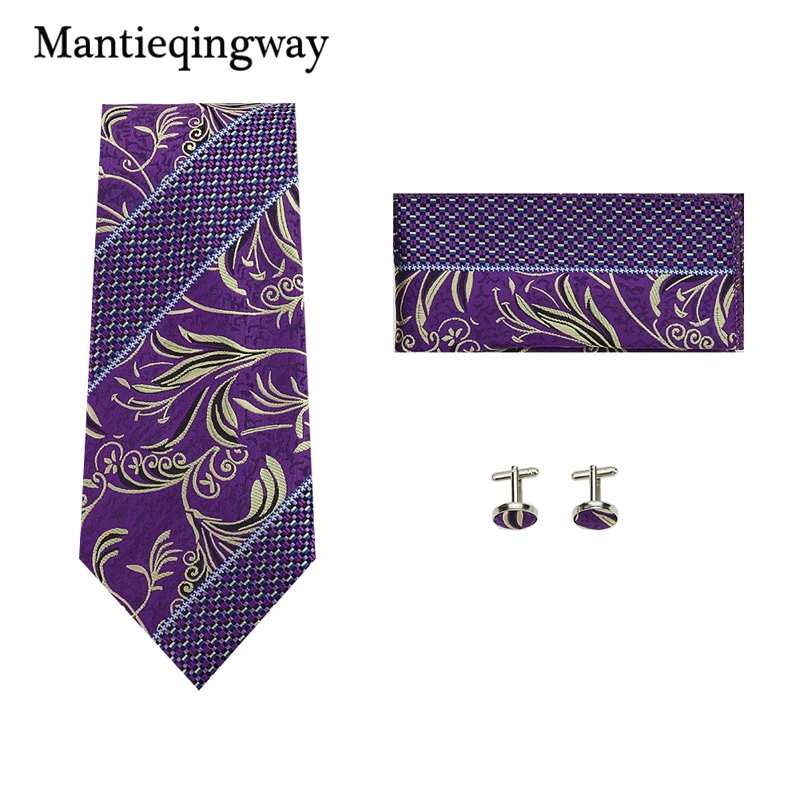 Mantieqingway темно-фиолетовый Цветочный платок запонки Kravat наборы жаккард 8,5 см широкий галстук карман Прямоугольные Запонки Набор