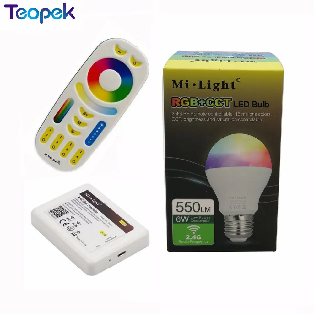 Mi. Light 6W E27 RGB + CCT Светодиодная лампа с регулируемой яркостью AC110V 220V FUT014 + WL-Box1 WiFi + 2,4G беспроводной 4-зонный Сенсорный пульт