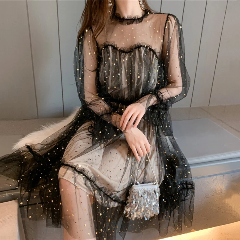 

2021 temperament sweet Women's Clothing mesh perspective dress fashion brands woman autumn style blingbling party dress new