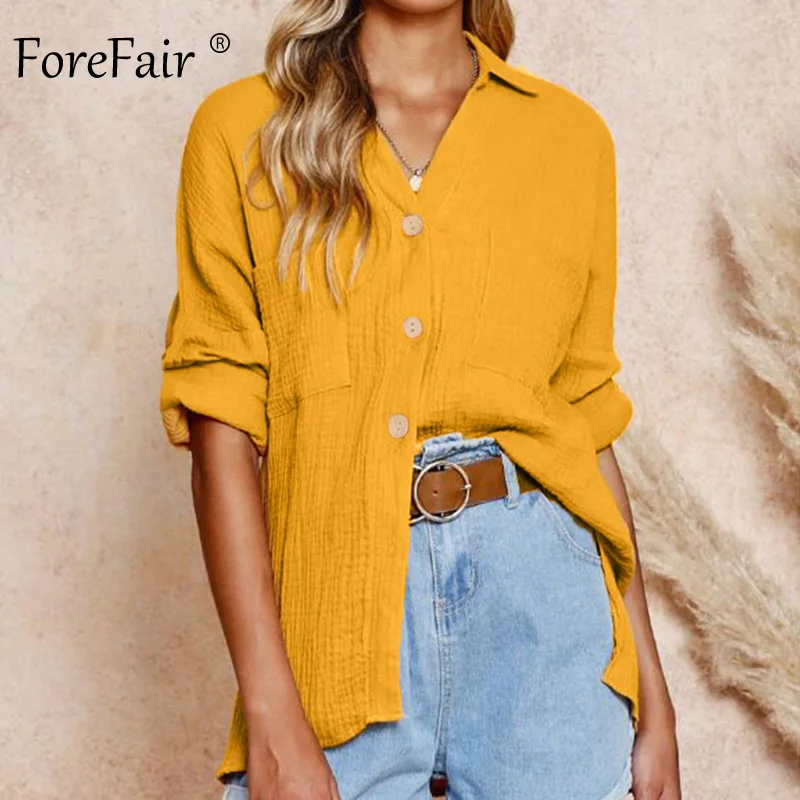 Forefair Повседневная льняная блузка женская с длинным рукавом на пуговицах офисная